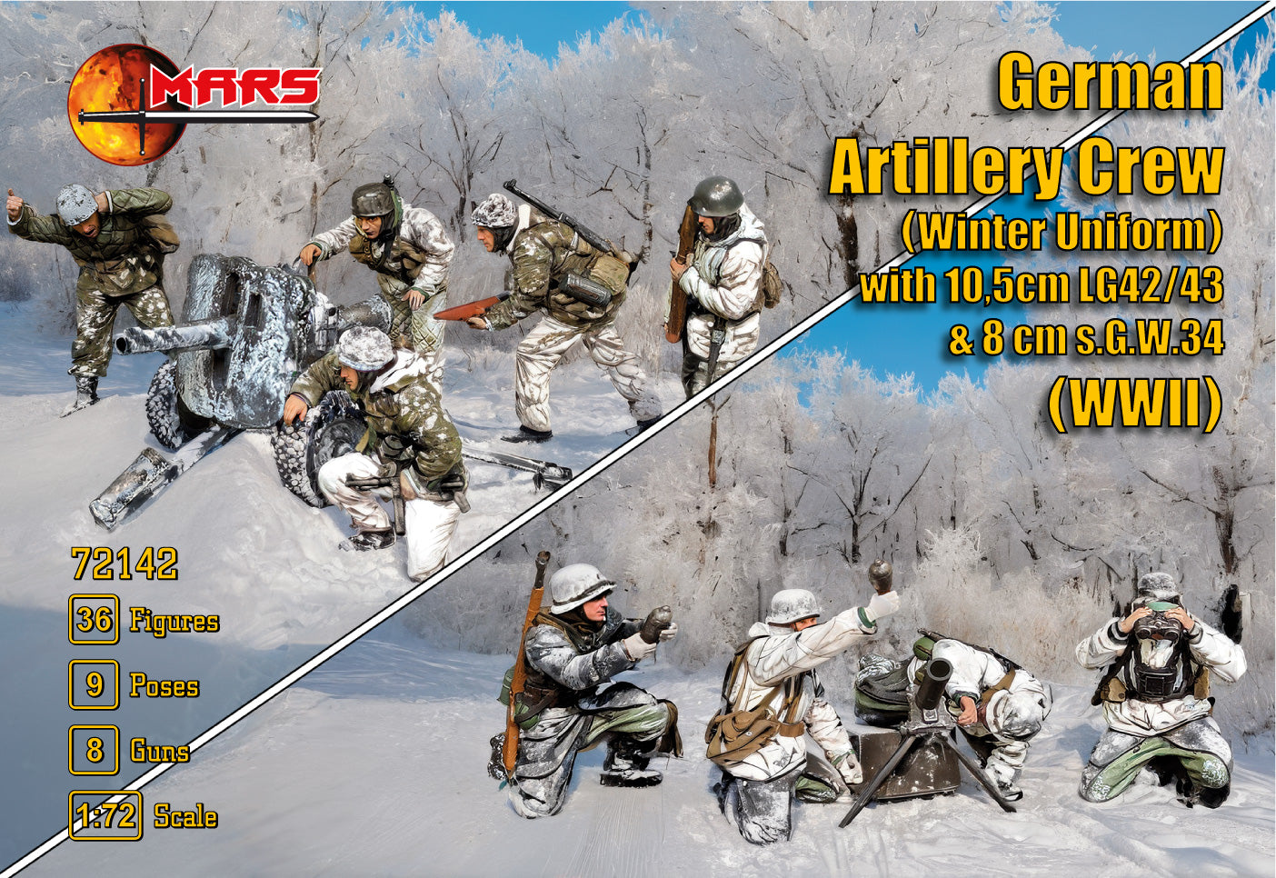 72142 MARS German Artillery Crew in winter uniform. Includes 10.5cm LG42/43 and 8cm s.G.W.34 (WWII) 1/72